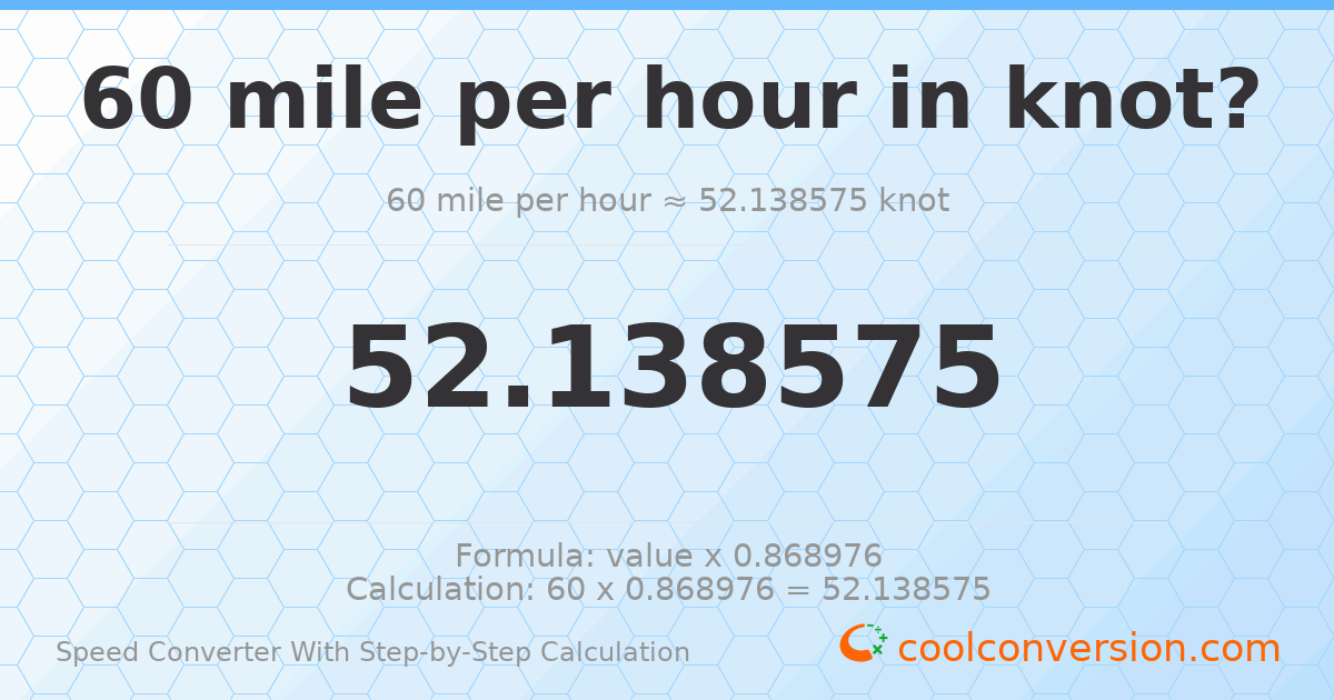 60 miles per hour = 52.1386 knots