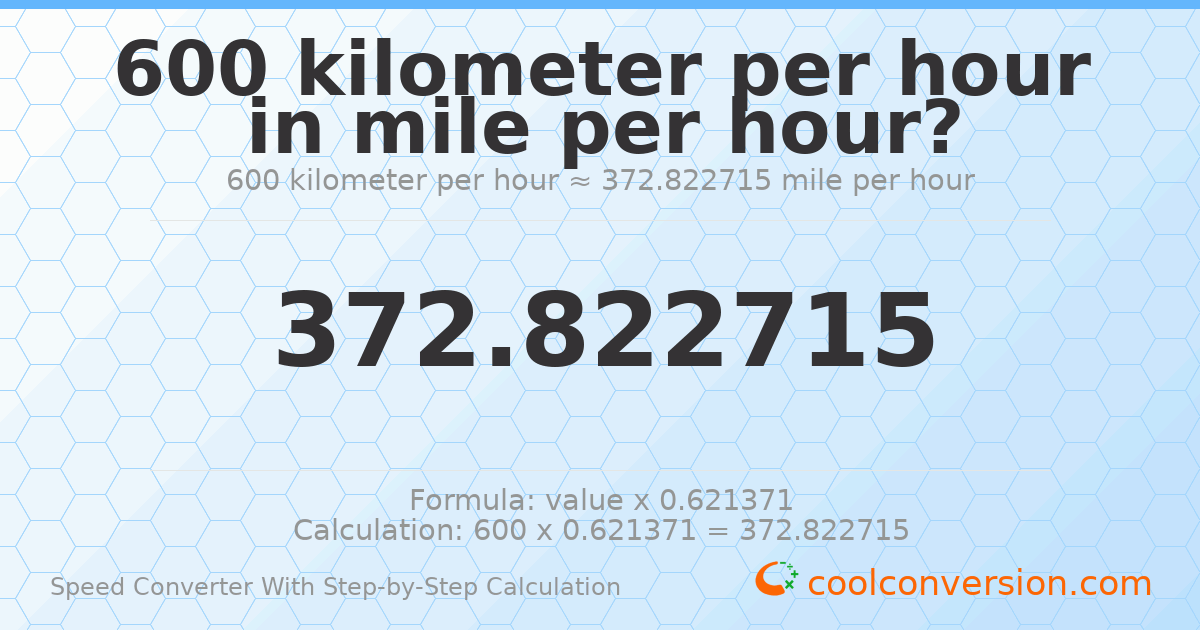 600 kilometers per hour = 372.823 miles per hour