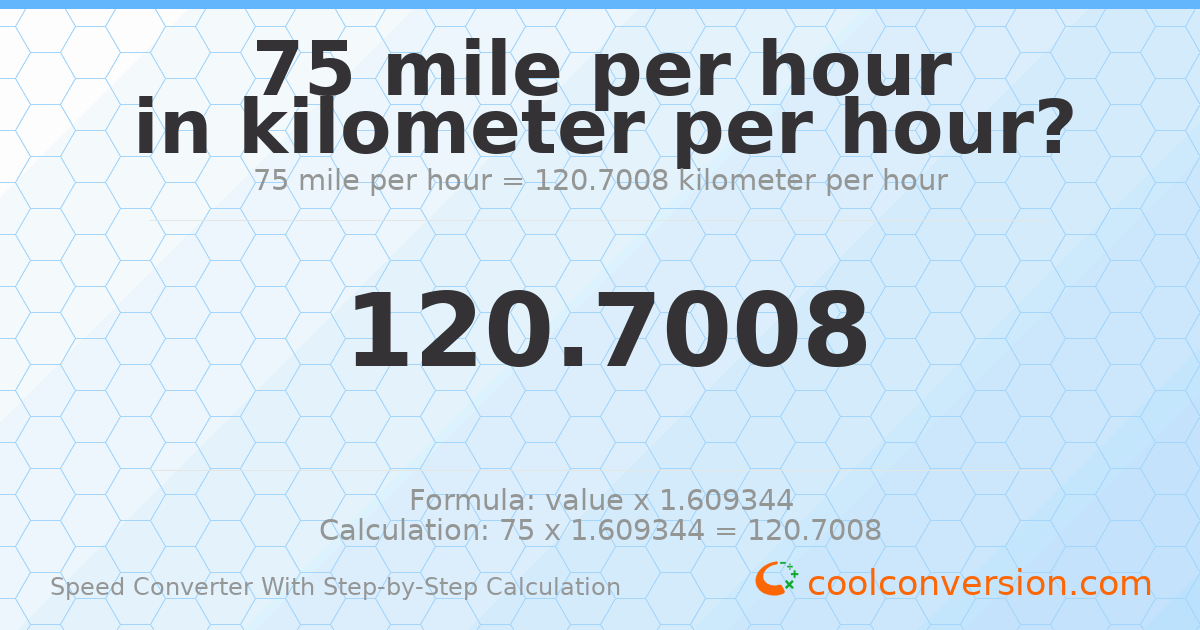 75 miles per hour = 120.701 kilometers per hour