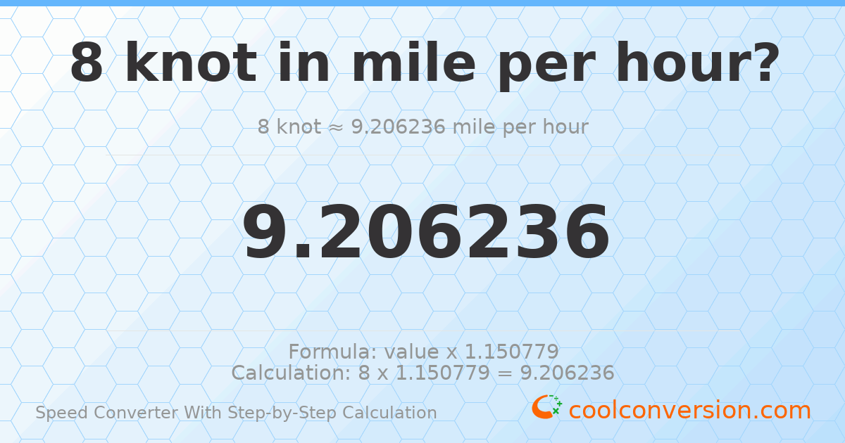 8 knots = 9.20624 miles per hour