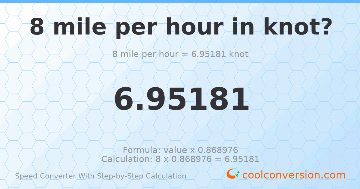 8 miles per hour = 6.95181 knots