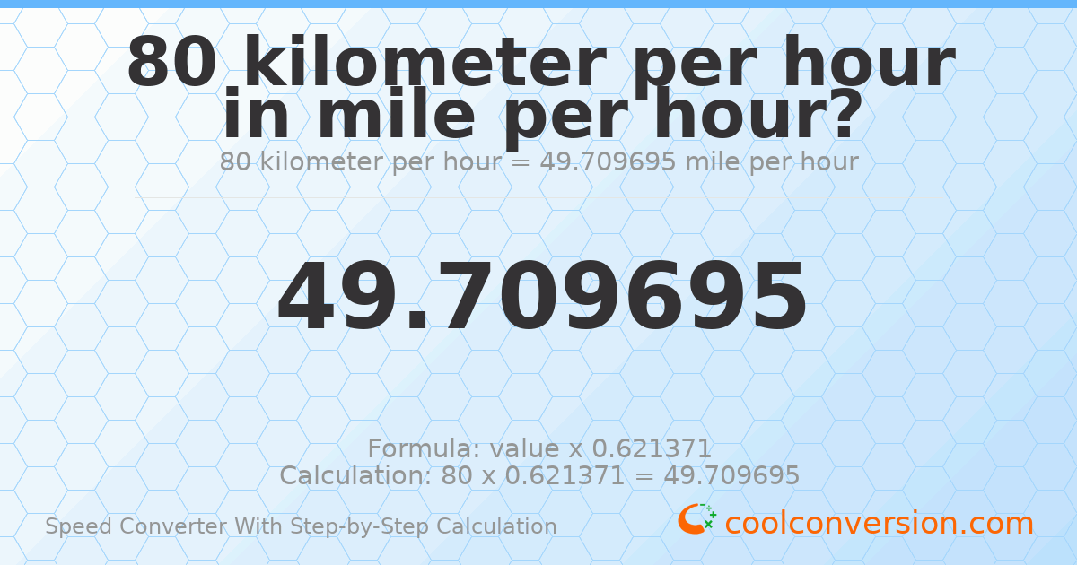 80 kilometers per hour = 49.7097 miles per hour