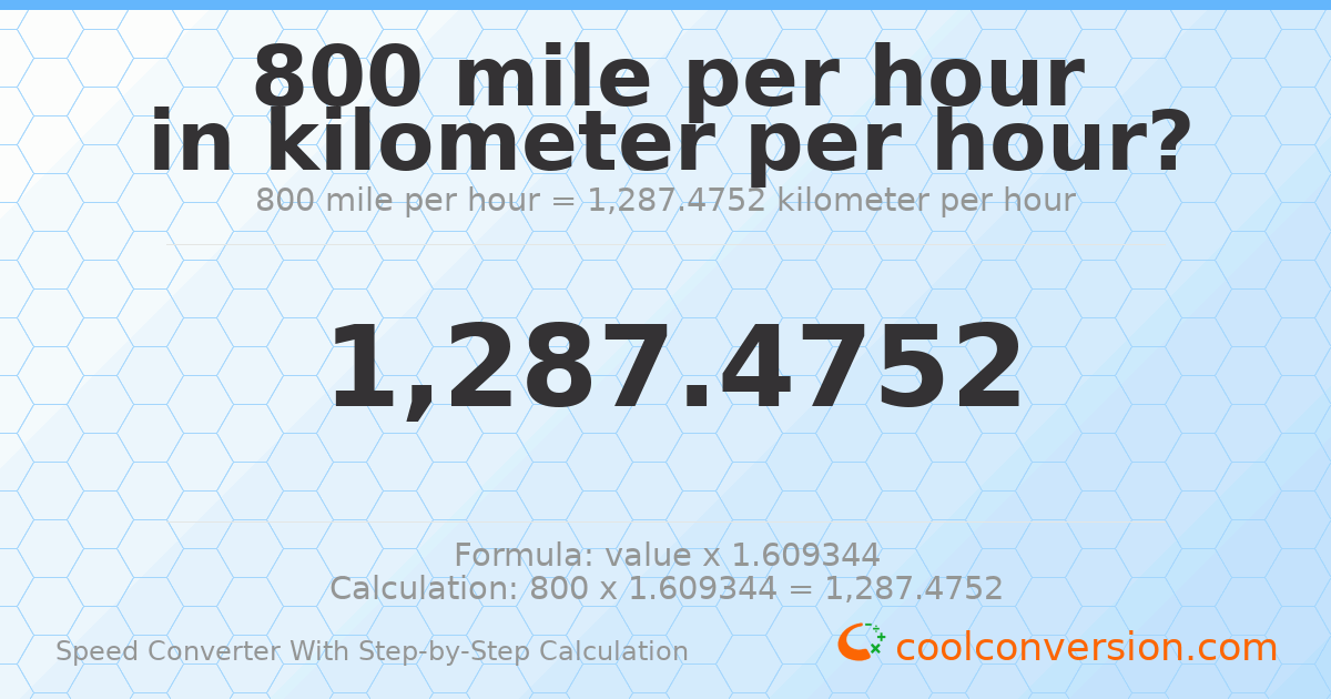 800 miles per hour = 1287.48 kilometers per hour