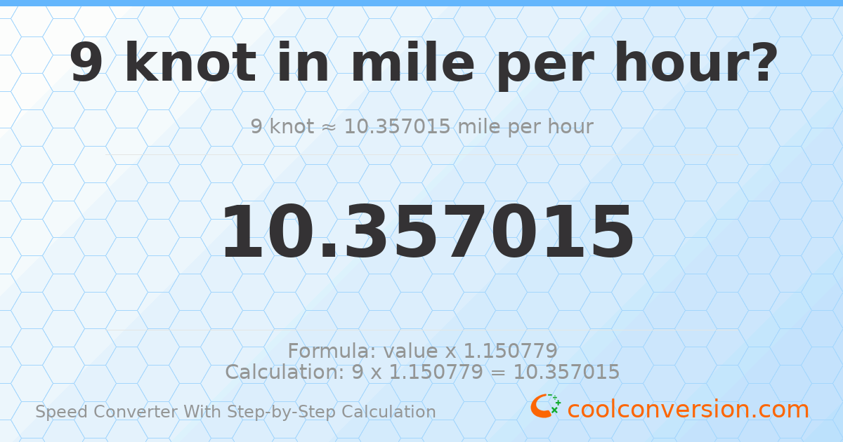 9 knots = 10.357 miles per hour