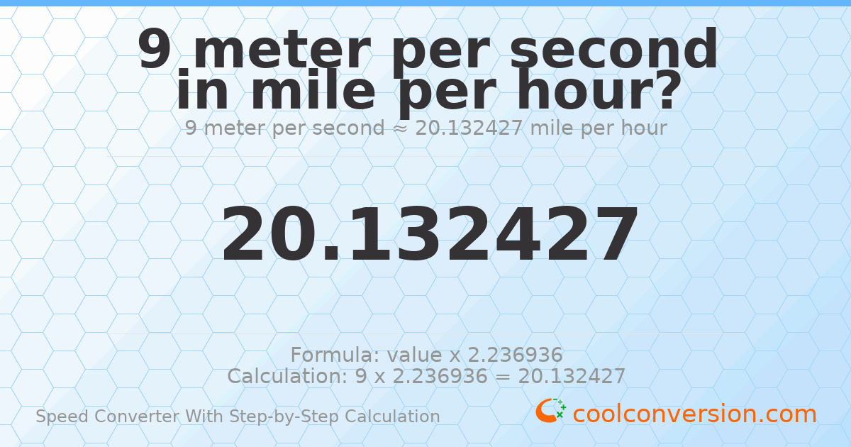 9 meters per second = 20.1324 miles per hour
