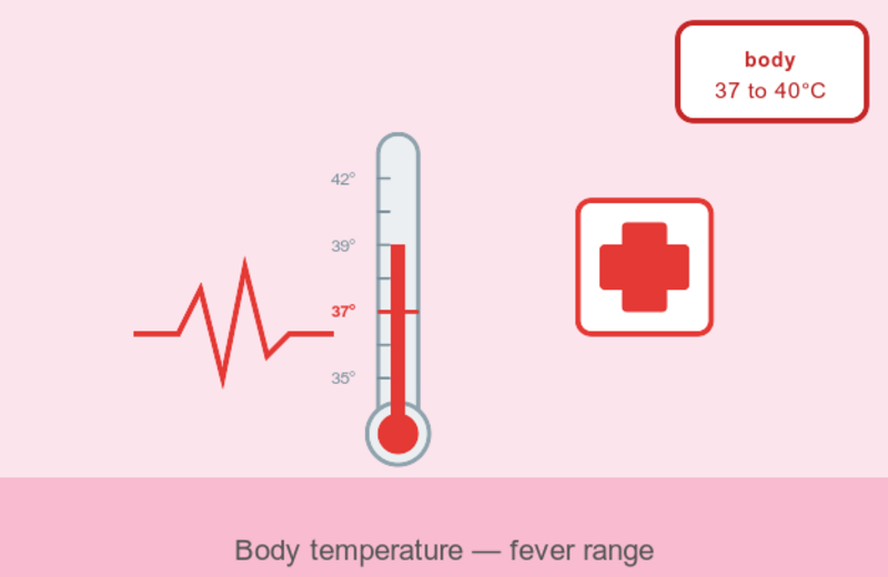 Close to human body temperature (37°C / 98.6°F) — fever range when above normal