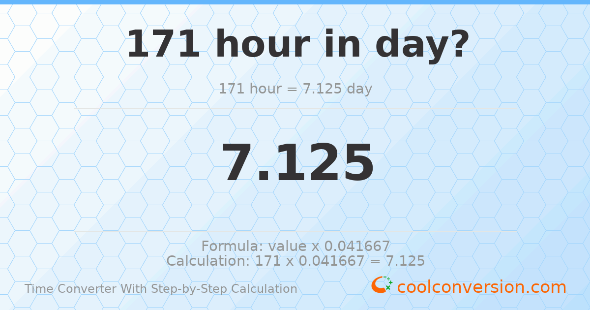 171 Hours to Days | 171 h = 7.125 d