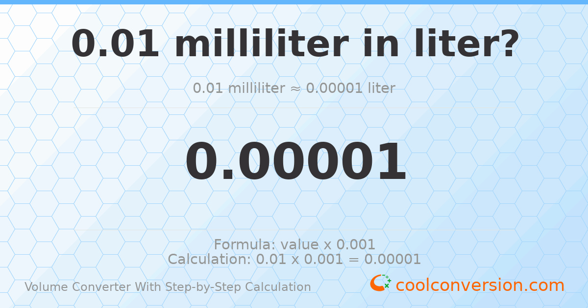 0.01 milliliters = 1 × 10⁻⁵ liters