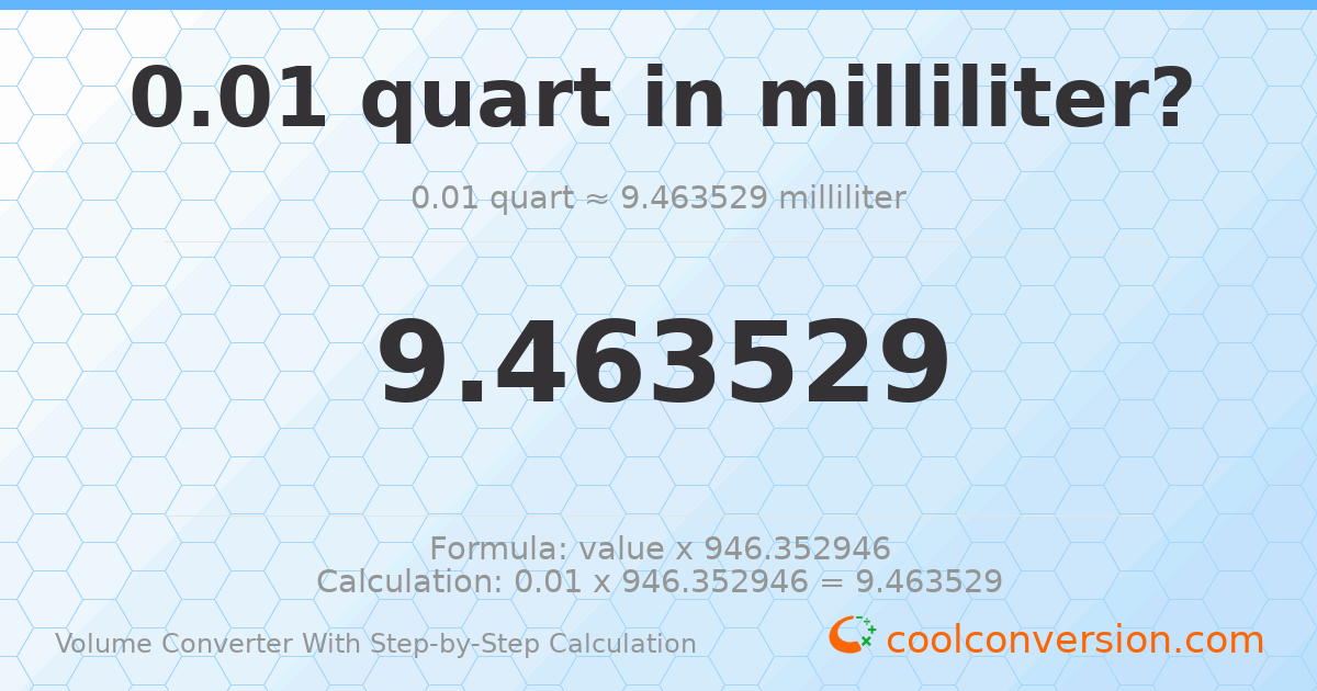 0.01 quarts = 9.46353 milliliters
