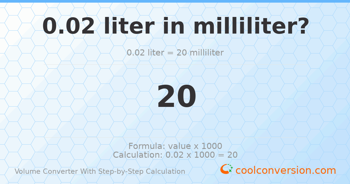 0.02 liters = 20 milliliters