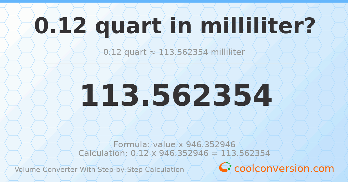 0.12 quarts = 113.562 milliliters