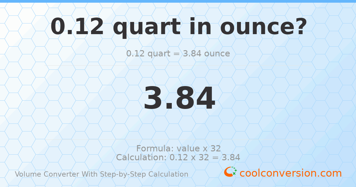 0.12 quarts = 3.84 ounces