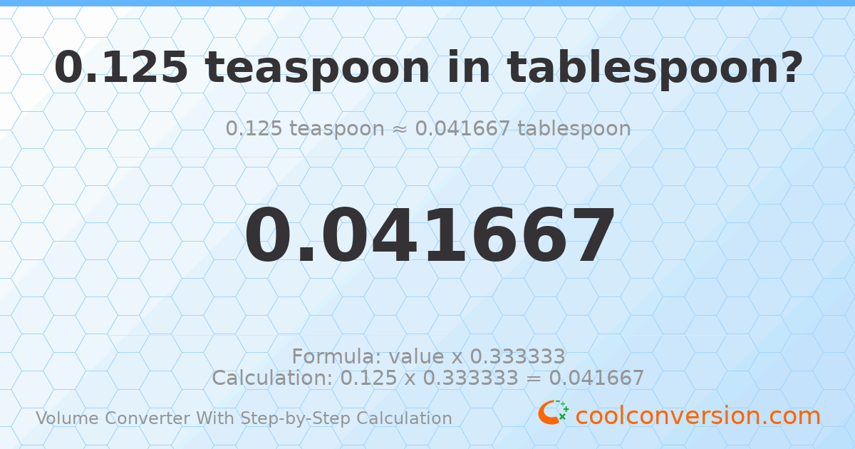 0.125 Teaspoons = 0.0416667 Tablespoons