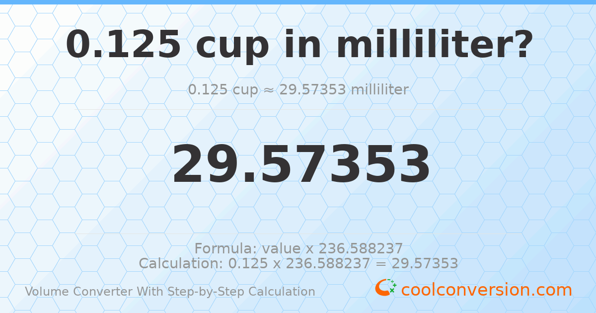 0.125 cups = 29.5735 milliliters