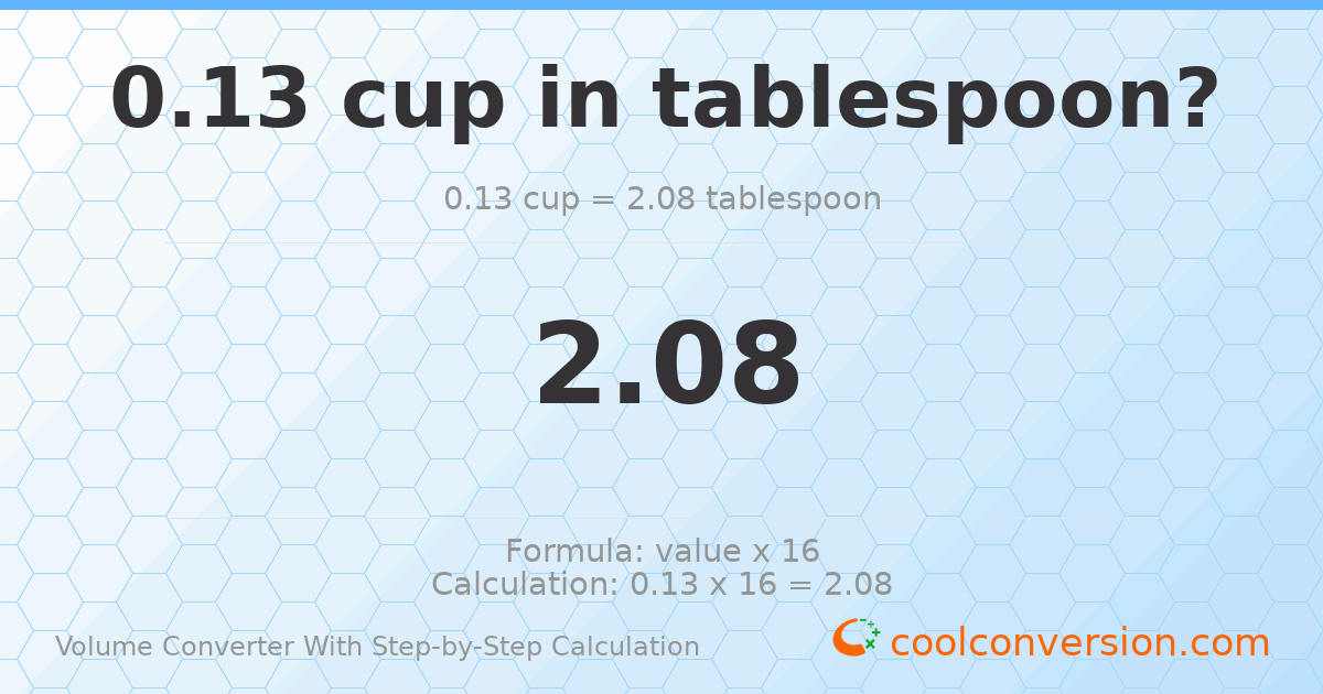 0.13 cups = 2.08 Tablespoons