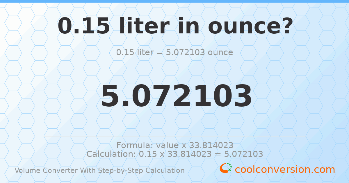 0.15 liters = 5.0721 ounces