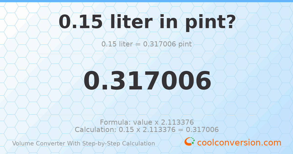 0.15 liters = 0.317006 pints