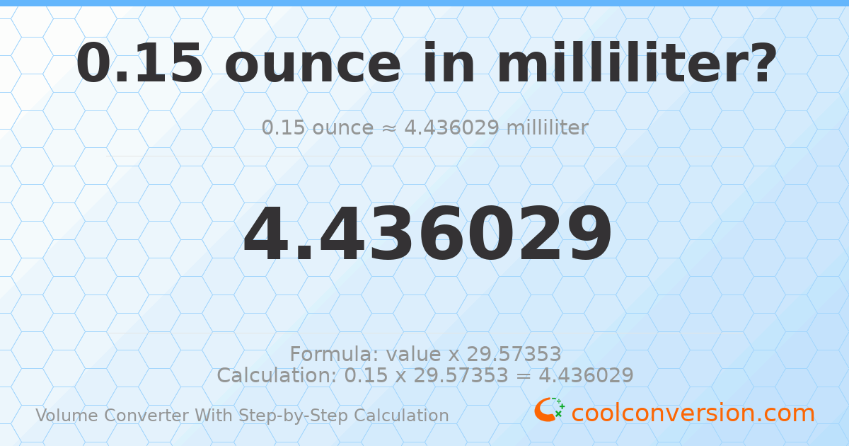 0.15 ounces = 4.43603 milliliters