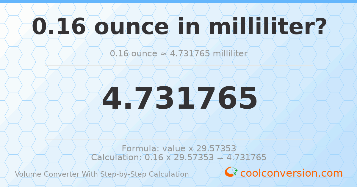 0.16 ounces = 4.73176 milliliters