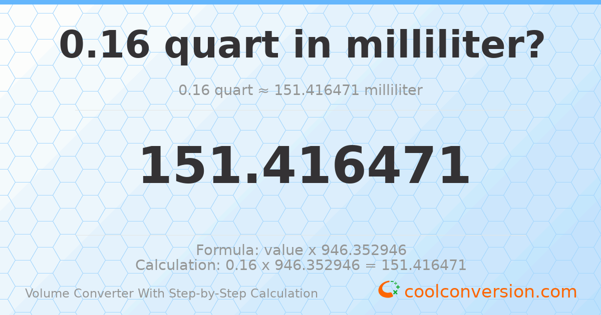 0.16 quarts = 151.416 milliliters