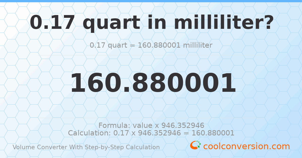 0.17 quarts = 160.88 milliliters