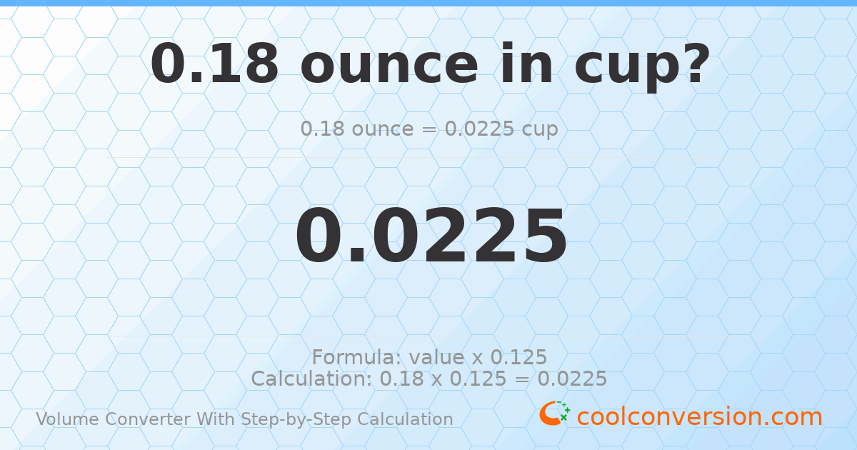 0.18 ounces = 0.0225 cups