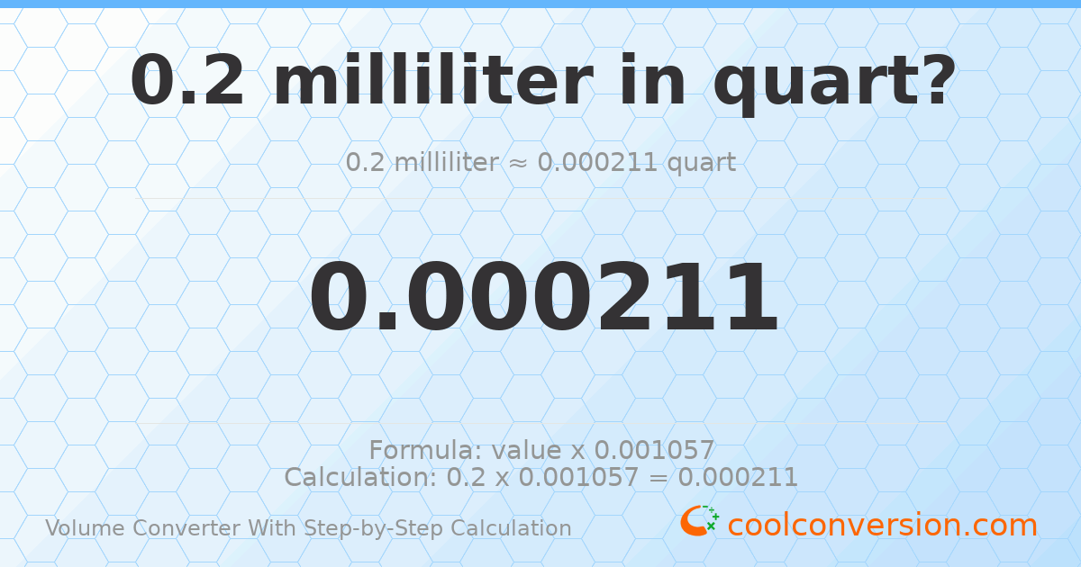 0.2 milliliters = 0.000211338 quarts