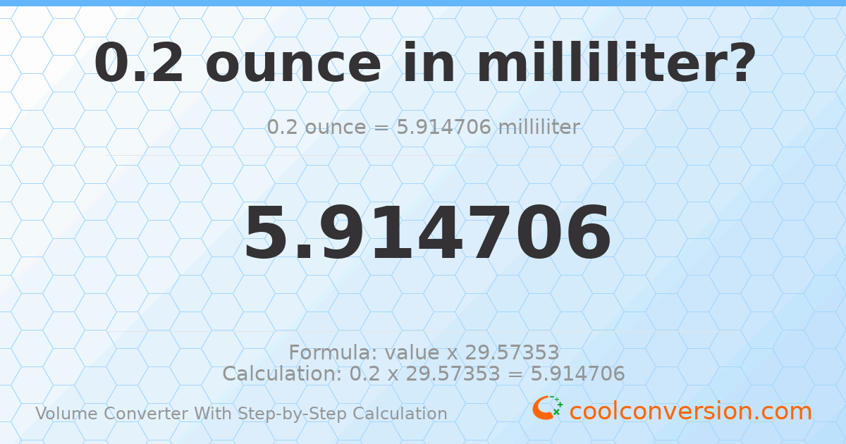 0.2 ounces = 5.91471 milliliters
