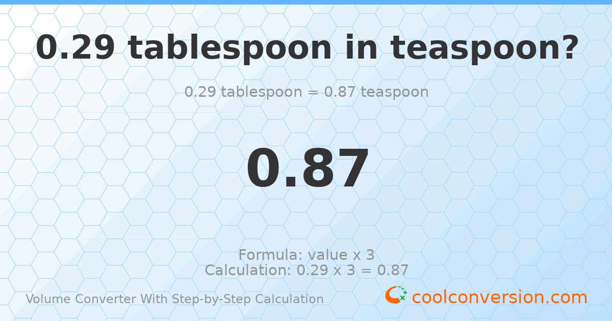 0.29 Tablespoons = 0.87 Teaspoons