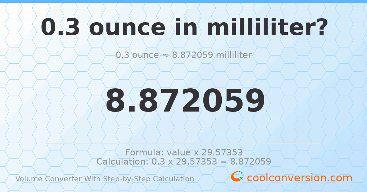 0.3 ounces = 8.87206 milliliters