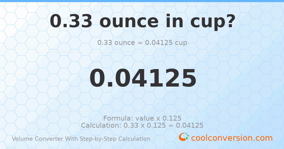 0.33 ounces = 0.04125 cups
