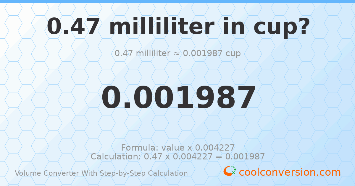 0.47 milliliters = 0.00198657 cups