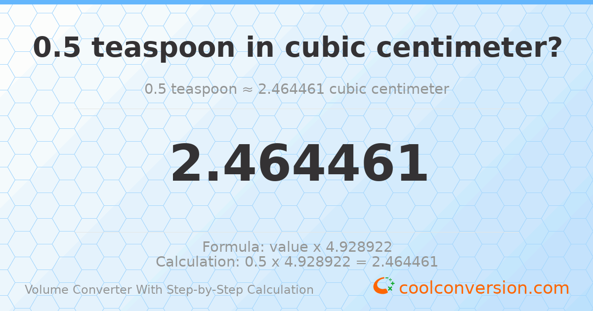 0.5 Teaspoons = 2.46446 cubic centimeters