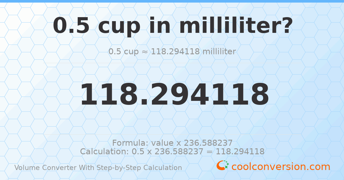 0.5 cups = 118.294 milliliters