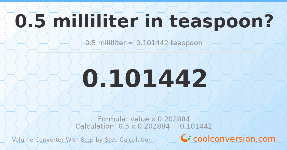 0.5 milliliters = 0.101442 Teaspoons