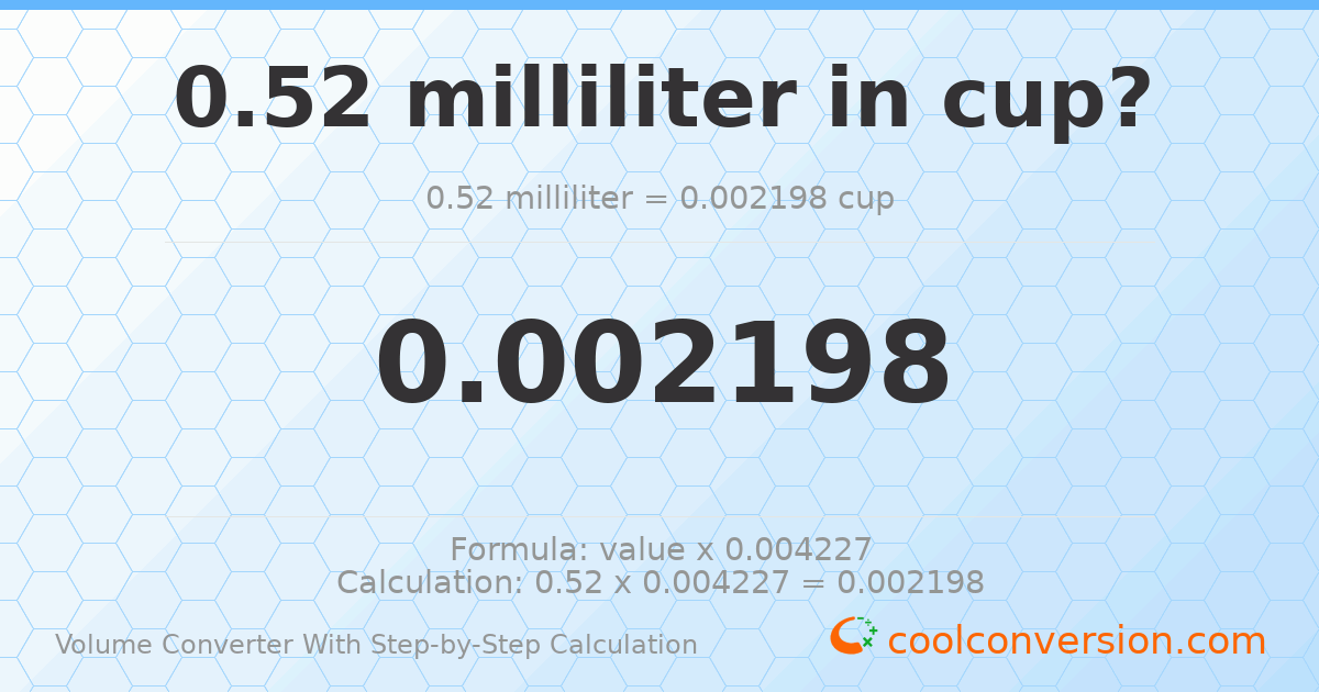 0.52 milliliters = 0.00219791 cups