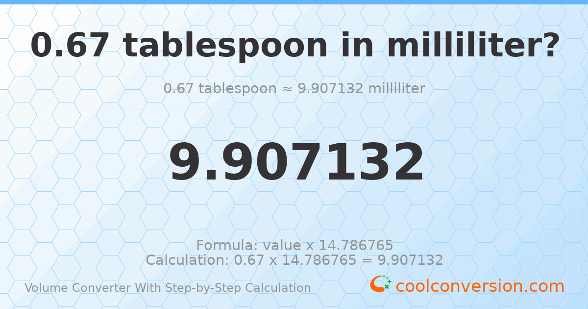 0.67 Tablespoons = 9.90713 milliliters