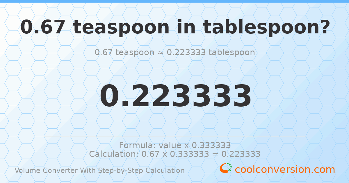 0.67 Teaspoons = 0.223333 Tablespoons