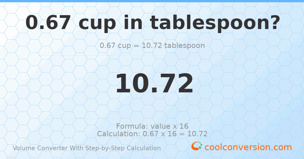 0.67 cups = 10.72 Tablespoons