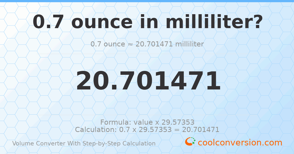 0.7 ounces = 20.7015 milliliters