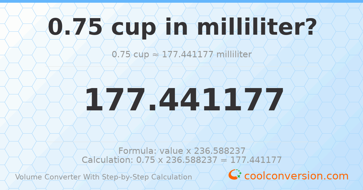 0.75 cups = 177.441 milliliters