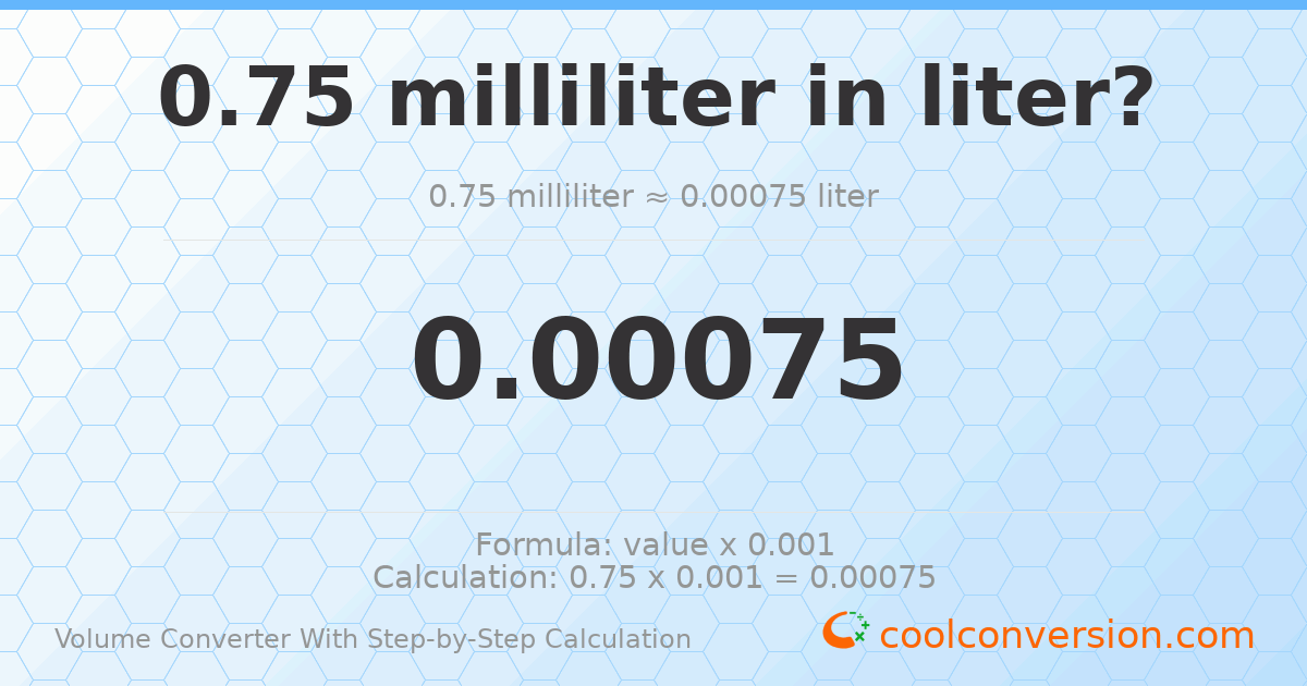 0.75 milliliters = 0.00075 liters