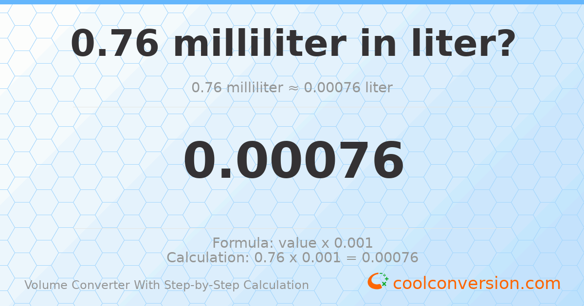 0.76 milliliters = 0.00076 liters