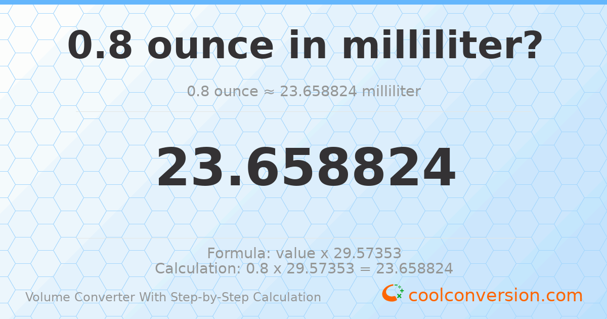 0.8 ounces = 23.6588 milliliters
