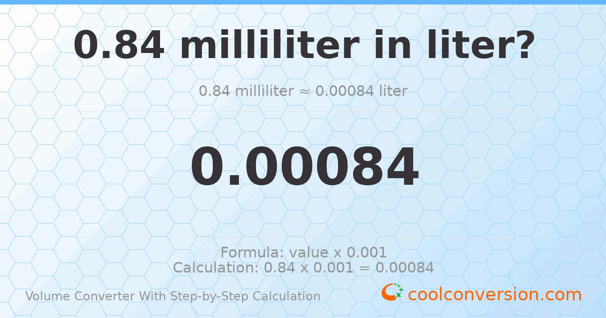 0.84 milliliters = 0.00084 liters