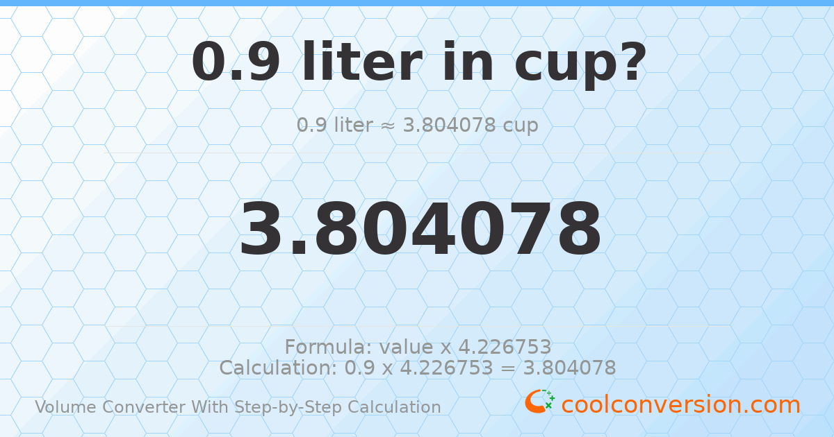 0.9 liters = 3.80408 cups