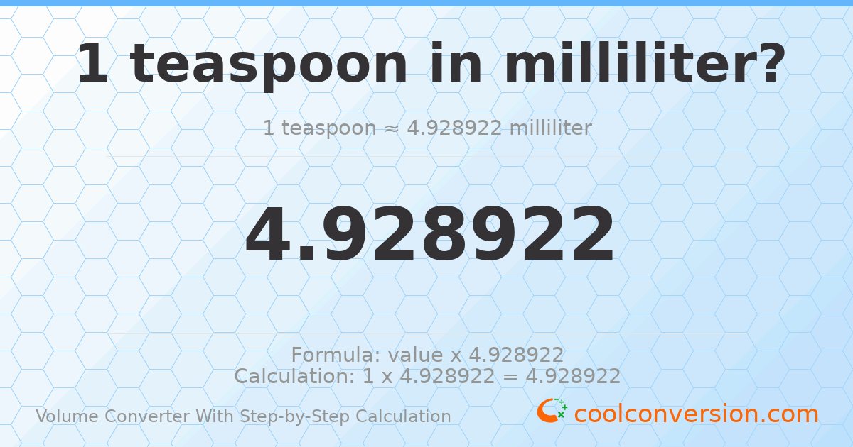 1 Teaspoon = 4.92892 milliliters