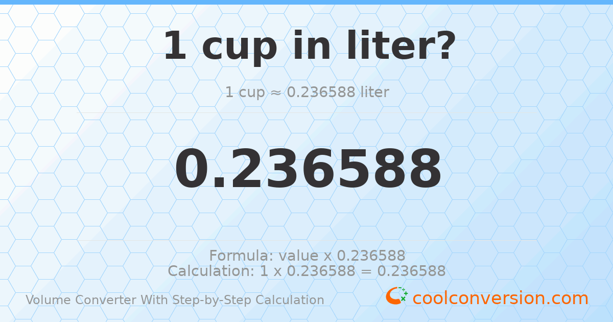 1 cup = 0.236588 liters