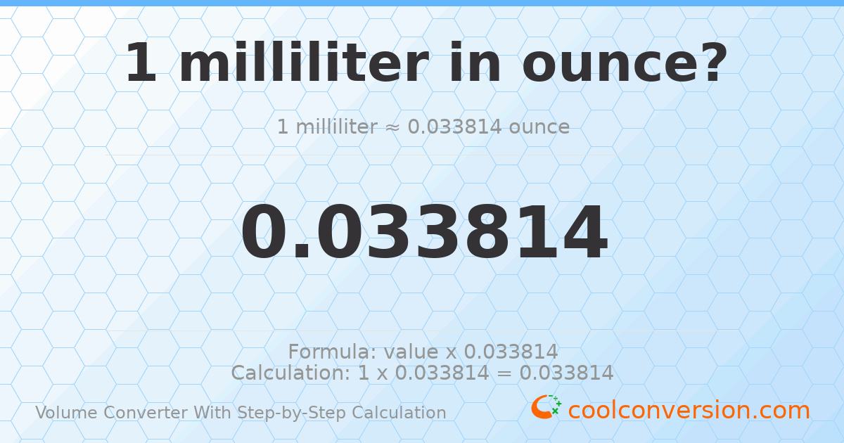 1 milliliter = 0.033814 ounces
