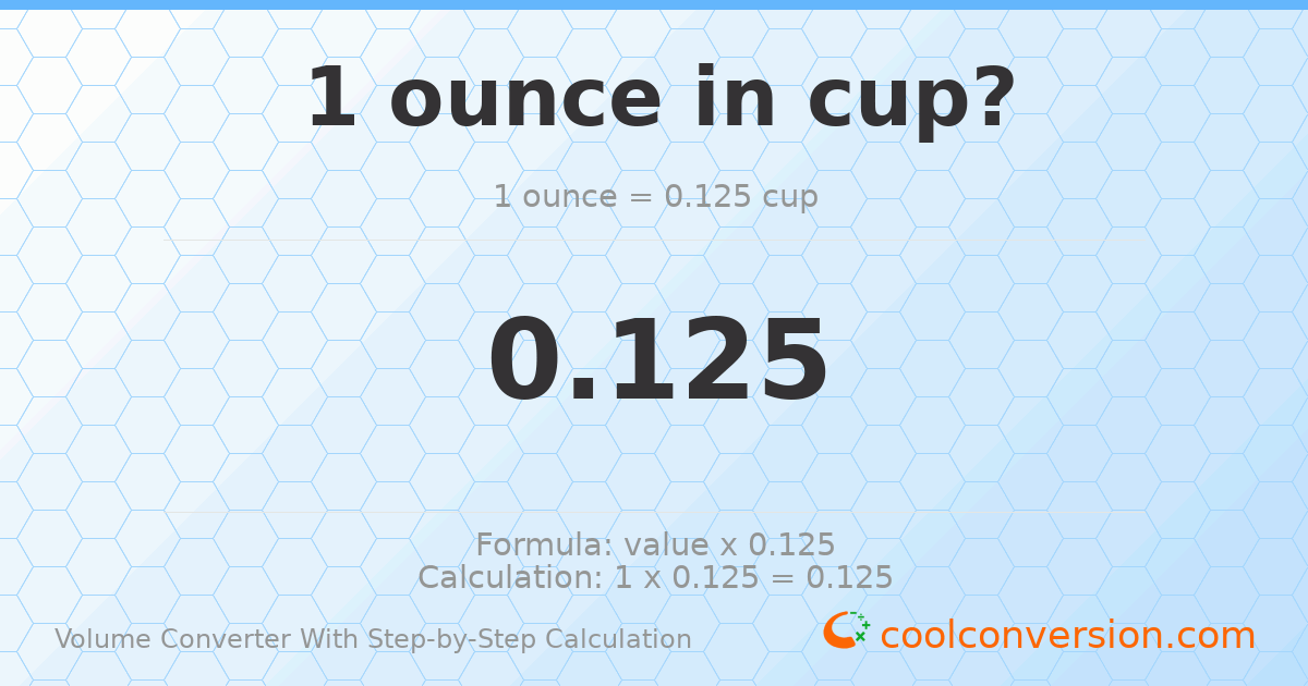 1 ounce = 0.125 cups